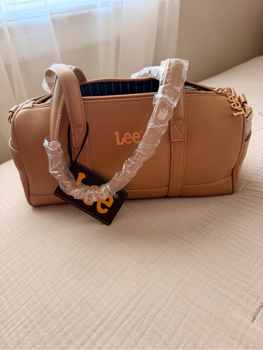 Lee Tan Barrel Satchel with Gold Logo